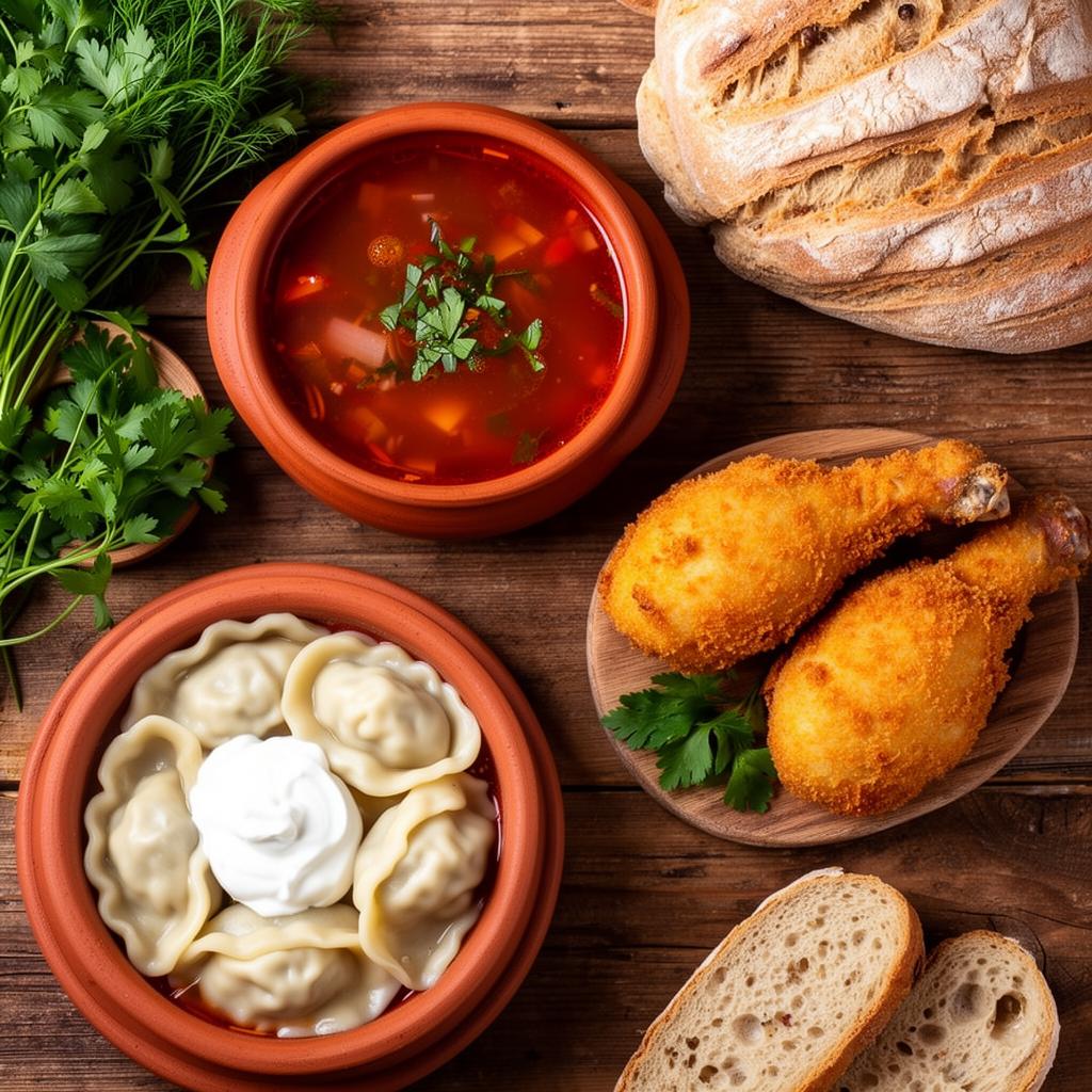 Traditional Ukrainian dishes — borscht, varenyky and chicken Kyiv
